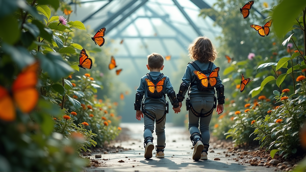 Een Glimp van Mobiliteit: Kinderen Wandelend Tussen Vlinders met Robotische Hulp